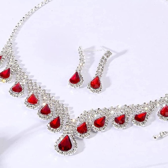 Crystal Teardrop Cluster Statement Necklace Dangle Earrings Jewelry Set Bridal - Picture 4 of 6
